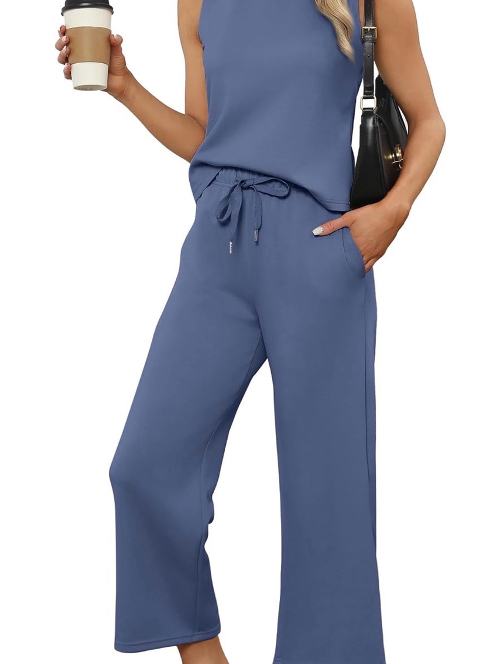 Travel/lounge Sleeveless Drawstring Wide-Leg Jumpsuit - Blue